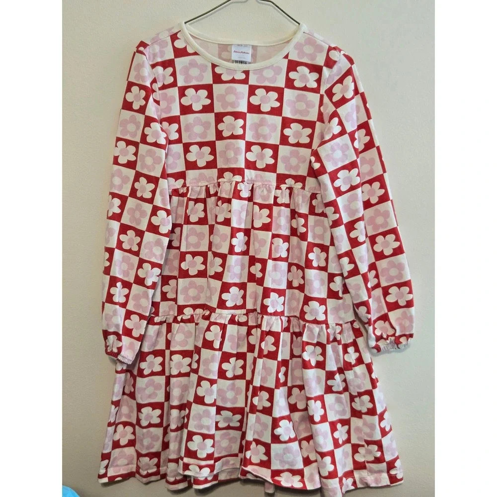 Hanna Andersson Girls Red Pink‎ Checkered Floral Tiered Long Sleeve Dress Size 8